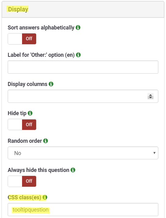 Limesurvey display settings